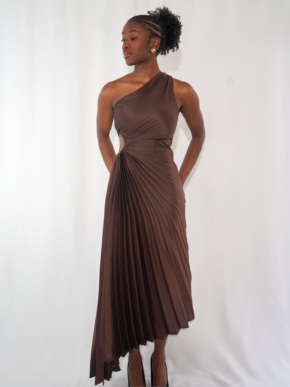 Chocolate Brown One-Shoulder Pleated Midi Dress | Wedding Guest Dress